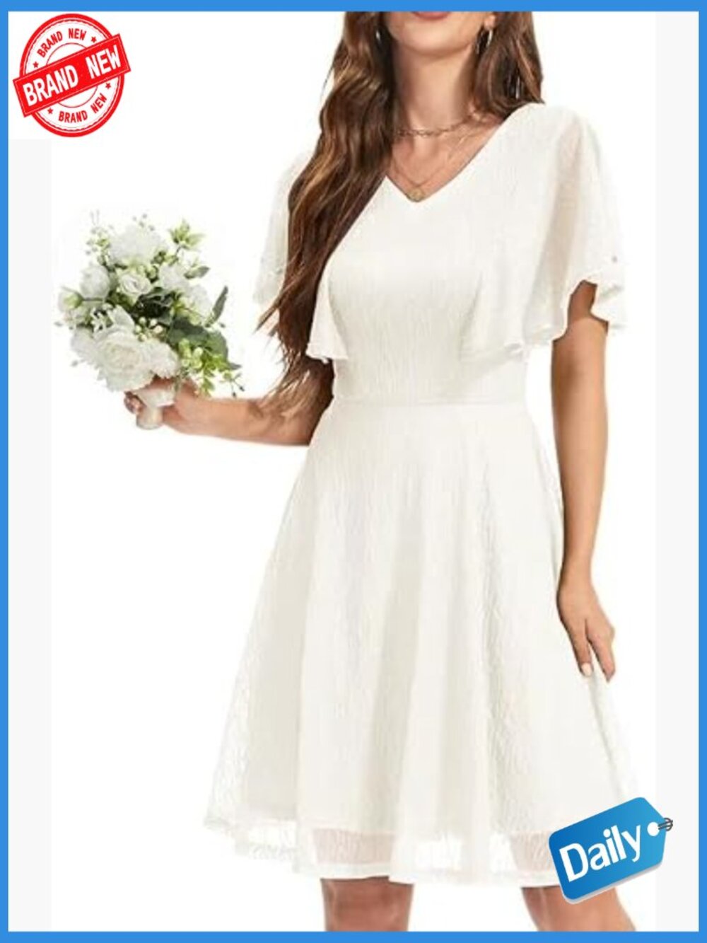 Flutter Sleeve Lace Cocktail Dress V-Neck A-Line Knee-Length Zipper Back